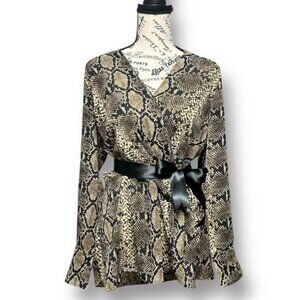 Boston Proper M Snakeskin Print Wrap Blouse Belted V-Neck Long Sleeve Chic Top